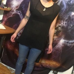 Black opaque cotton short sleeve tunic (high-low)